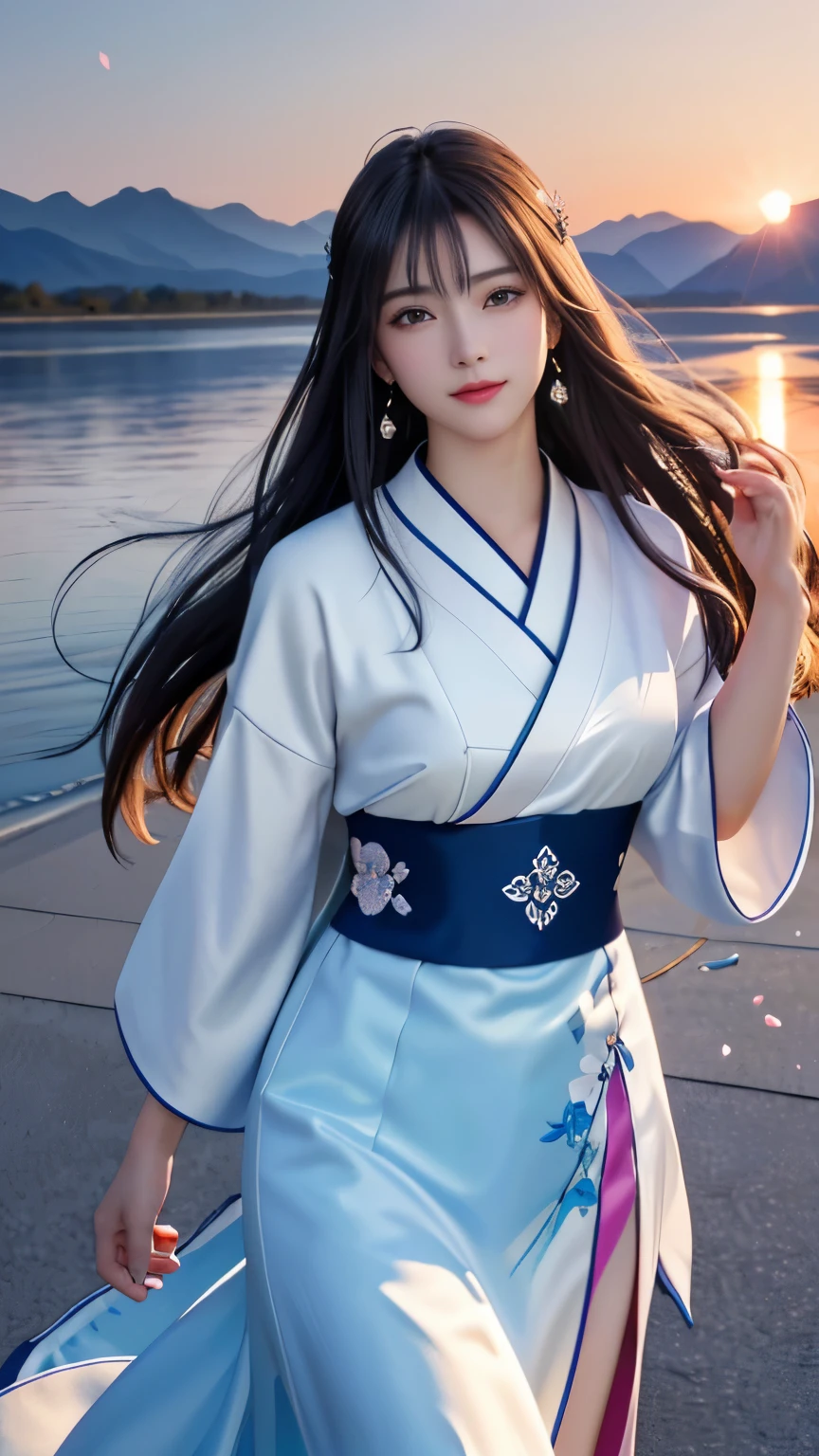 (logo, masterpiece, 8k, table top, RAW photo, wonderful, 最high quality, Photorealistic and hvery detailed CG integrated 8k wallpaper, high quality, very detailed, Narrative poem, particle effects, dynamic effects, Depth of written boundary, cinematic light, Lens flare, ray tracing, anatomically accurate)), fantasy, 1 beautiful woman, black hair, clear eyes, long hair, beautiful face, real face, 緻密でbeautiful eyes, beautiful skin, long hairがWindでなびく, long hairが跳ねる, long hairがWindで踊る, hair jump, jewelry, beautiful eyes, white kimono, white obi, White cherry blossom embroidery pattern, silver earrings, Wind, blue sky, beautiful background, 古代のWind, Xianxia, pink cherry tree, petals dance, SakuraFubuki, Spectacular view, sunrise, sun on background, Wind, god々, god話, vast land