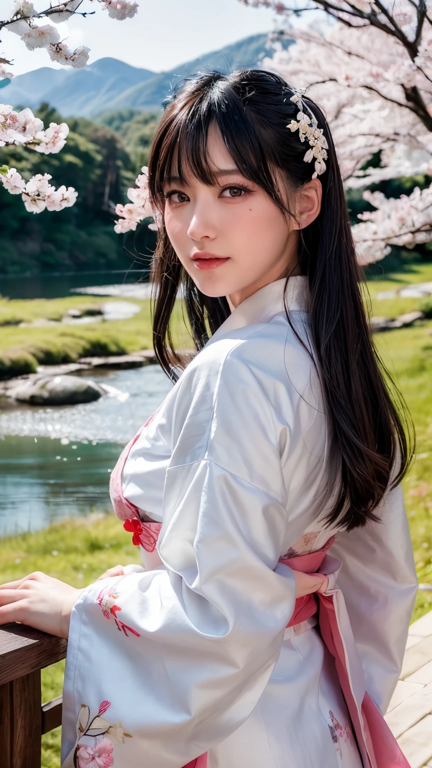 (logo、masterpiece、8k、table top、RAW photo、wonderful、最high quality、Photorealistic and hvery detailed CG integrated 8k wallpaper、high quality、very detailed、Narrative poem、particle effects、dynamic effects、written boundary depth、cinematic light、Lens flare、ray tracing)、fantasy、 (1 beautiful woman、white kimono、Japan Dress、white cherry blossom pattern、White cherry blossom embroidery pattern、black haired、beautiful face、real face、beautiful details eyes beautiful skin)、Hair flutters in Wind、hair bounces、pink cherry tree、petals dance、SakuraFubuki、wonderful景色、sunrise、sun on background、Wind、god々、teeth、god話、vast land