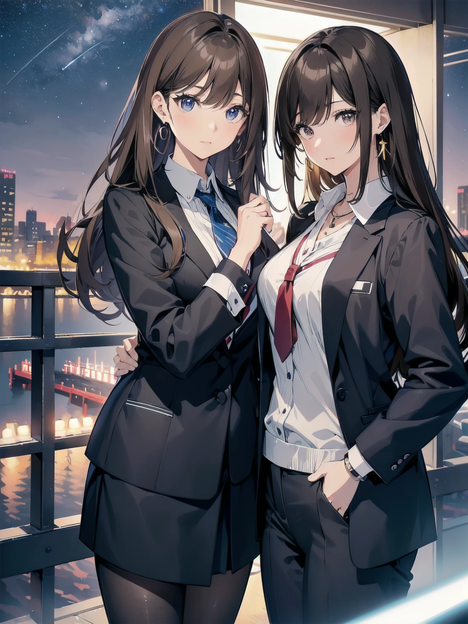 A 27-year-old adult female office worker is wearing a high school uniform.、Anime style illustration for men、Bank of the river in Tokyo late at night、Lob hair with dark brown highlights and light brown hair、taller、sapphire earrings and necklace、night sky and night view、eyes are horizontal、Less eyelashes、light makeup、Boss with sisterly skin
