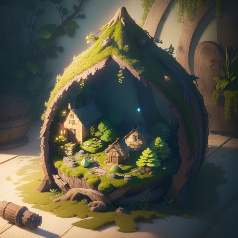 masterpiece, best quality, (extremely detailed CG unity 8k wallpaper), (best quality), (best illustration), (best shadow), A round turnip hut covered with moss， isometric 3D, octane render,ray tracing,ultra detailed
