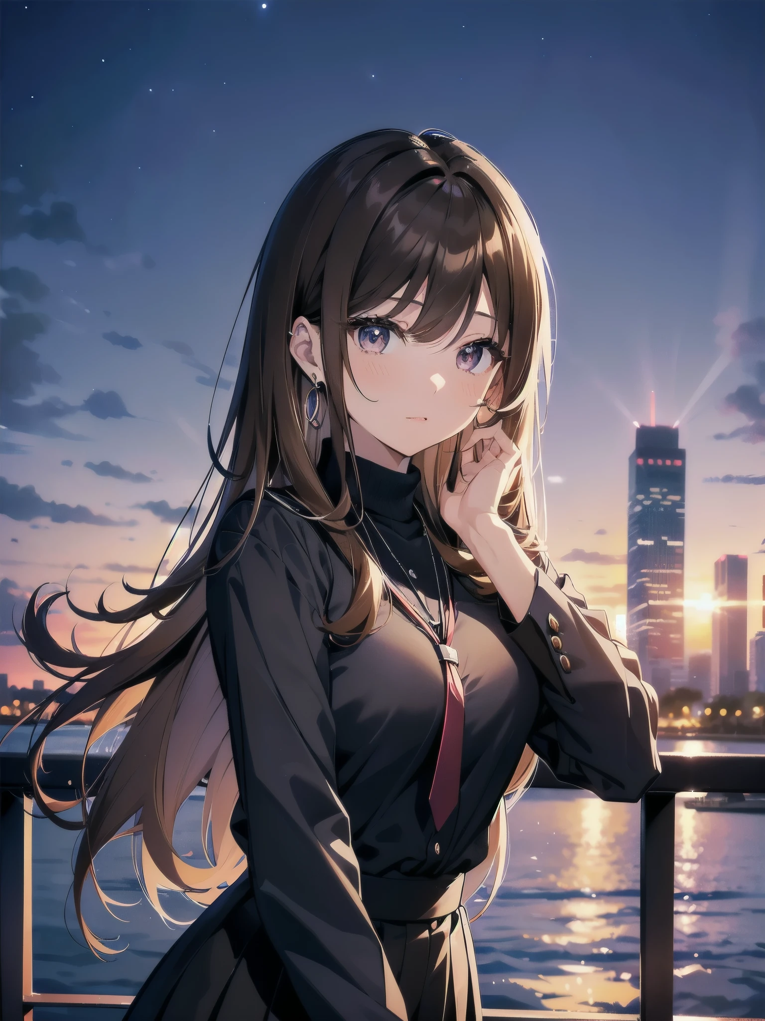 A 27-year-old adult female office worker is wearing a high school uniform.、Anime style illustration for men、Bank of the river in Tokyo late at night、Lob hair with dark brown highlights and light brown hair、taller、sapphire earrings and necklace、night sky and night view、eyes are horizontal、Less eyelashes、light makeup、Boss with sisterly skin