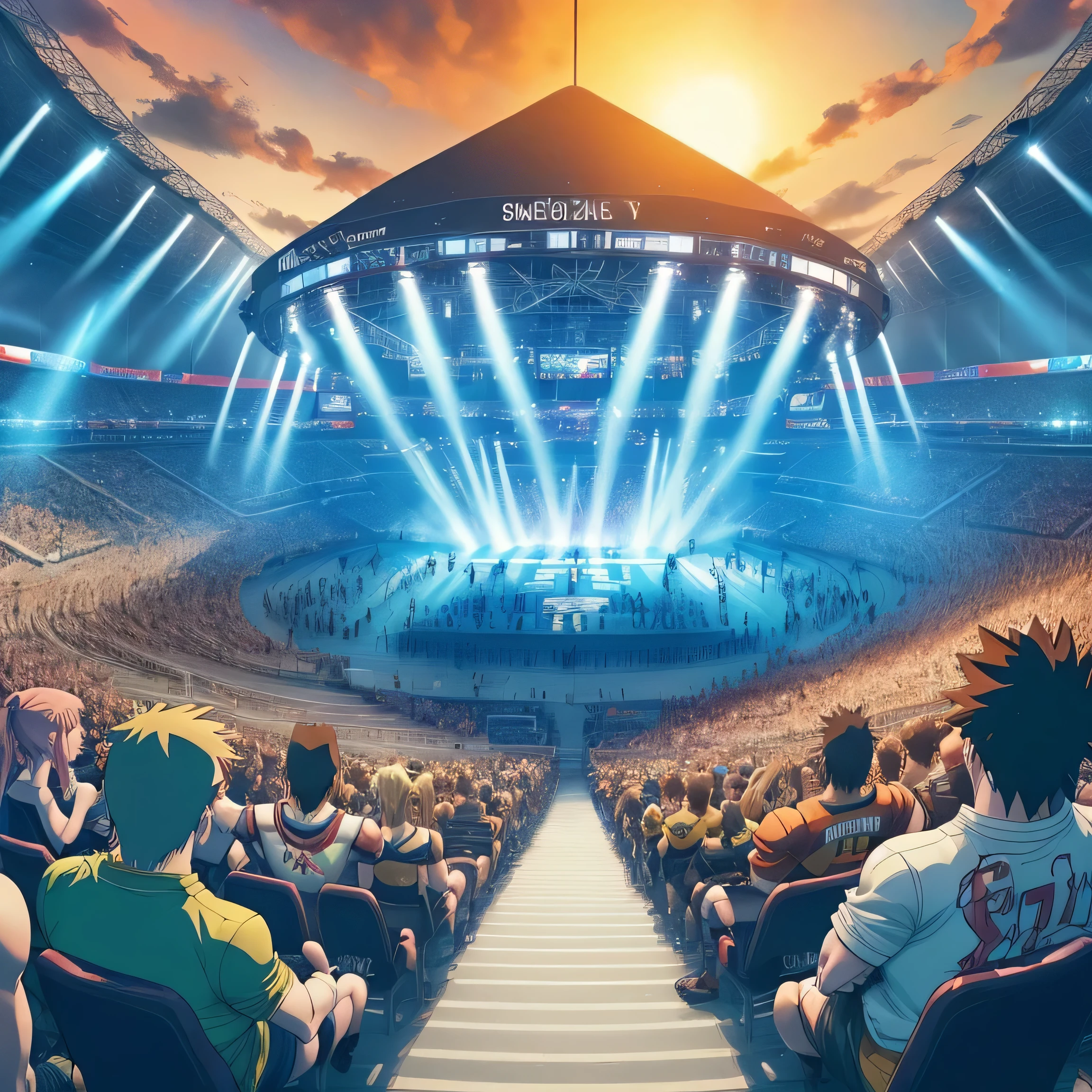 a Stadium of the top 16 finals of fighting games anime style and epic crowd screaming , 4k