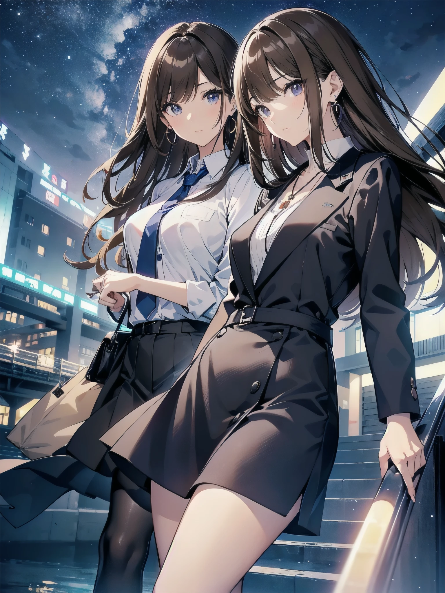 A 27-year-old adult female office worker is wearing a high school uniform.、Anime style illustration for men、Bank of the river in Tokyo late at night、Lob hair with dark brown highlights and light brown hair、taller、sapphire earrings and necklace、night sky and night view、eyes are horizontal、Less eyelashes、light makeup、Boss with sisterly skin