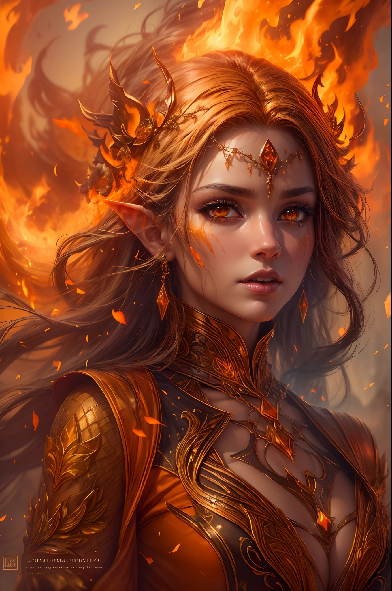 This (realistic fantasy) art contains embers, real flames, real heat, and realistic fire. Generate a masterpiece artwork of a  female fire druid with large (((orange and gold))) eyes. The fire druid is awe-inspiring with beautiful ((realistic fiery eyes)) alight with confidence and power. Her features are elegant and well defined, with ((soft)) and (((puffy))) and (((smooth))) lips, elven bone structure, and realistic shading. (((Her eyes are important and should be the focal point of this artwork))), with ((extremely realistic details, macro details, and shimmer.)) She is wearing a billowing and glittering dresade of realistic flames)) and jewels that glimmer in the fire light. Wisps of fire and smoke line the intricate bodice of the dress. Include bumps, stones, fiery iridescence, glowing embers, silk and satin and leather, an interesting background, and heavy fantasy elements. Camera: Utilize dynamic composition techniques to enhance the realistic flames.
