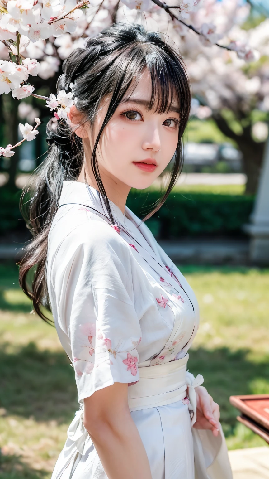 (logo、masterpiece、8k、table top、RAW photo、wonderful、最high quality、Photorealistic and hvery detailed CG integrated 8k wallpaper、high quality、very detailed、Narrative poem、particle effects、dynamic effects、written boundary depth、cinematic light、Lens flare、ray tracing)、fantasy、 (1 beautiful woman、white kimono、Japan Dress、white cherry blossom pattern、White cherry blossom embroidery pattern、black haired、beautiful face、real face、beautiful details eyes beautiful skin)、Hair flutters in Wind、hair bounces、pink cherry tree、petals dance、SakuraFubuki、wonderful景色、sunrise、sun on background、Wind、god々、teeth、god話、vast land