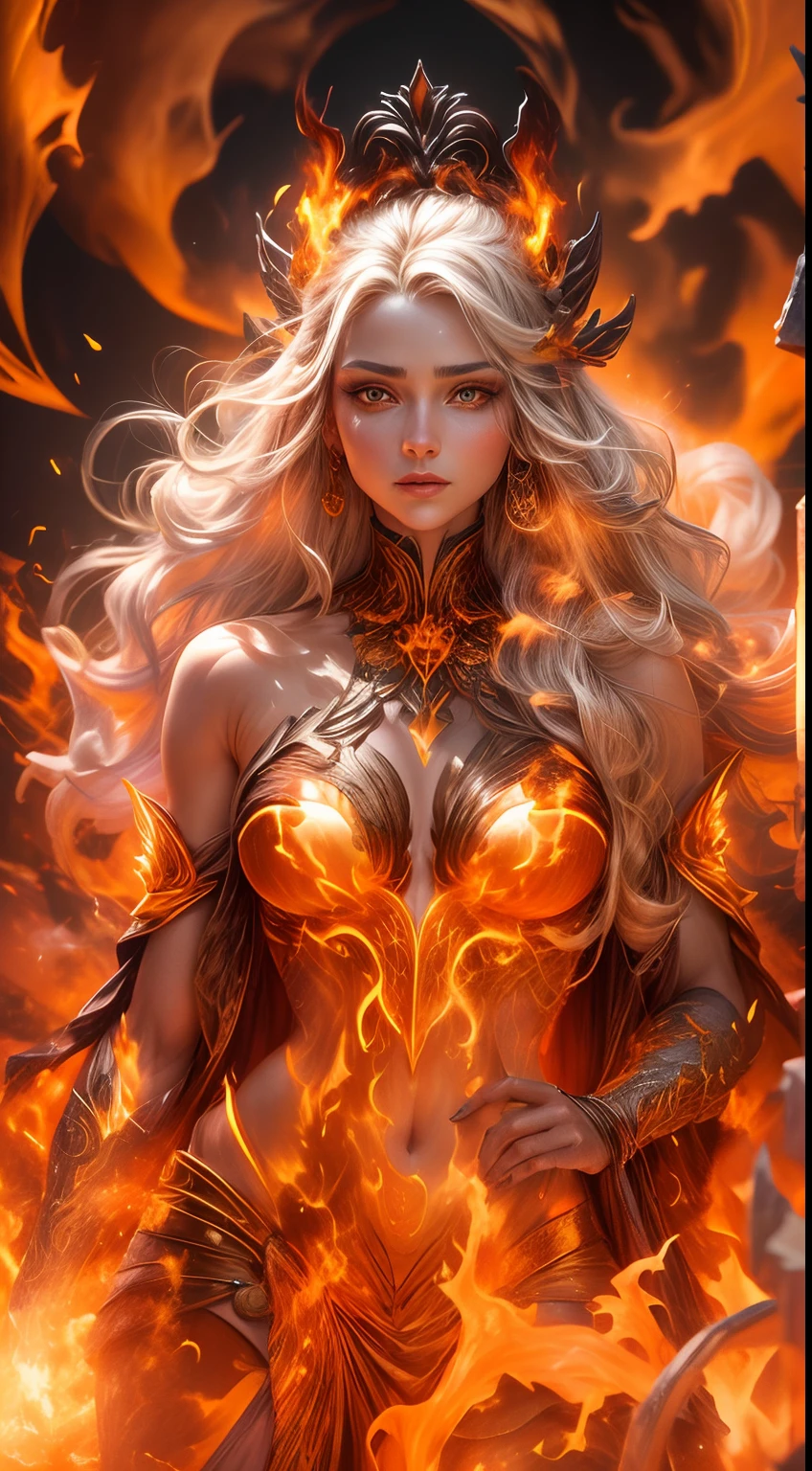 This is a realistic fantasy artwork prominently featuring realistic fire, including wisps of flames, glowing hot embers, subtle curls of smoke, and a beautiful fire druid. The druid stands in the midst of a raging inferno with an interesting composition. Her face is expertly sculpted, with elegant and refined features and perfect shading and realistic skin texture. Her (orange and gold eyes) are stunning and are the focal point of this image. (Her eyes extremely detailed, beautiful detailed eyes, and macro). Her eyes feature intricate detailing with clearly defined irises and bright sclera. Her soft lips are smooth and very puffy, and her skin is adorned with a light flush and ornate fire detailing. Her long gown is stunning and expensive, and is made of pure flames and glittering, ornate jewels that glimmer in the fire light. Her billowing gown glitters from the flames and features a delicately and intricately embroidered bodice with wisps of flames running across it. Include fantasy elements like bumps, stones, fiery iridescence, glowing embers, silk, and an interesting background. Include fiery magical creatures such as fiery birds and fiery butterflies that give off a magical and mystical aura. Lighting: Utilize the latest trends in lighting to enhance the artwork's beauty. Camera: Utilize dynamic composition to create a sense of urgency and excitement. Take inspiration from the current masters of the fantasy genre, including trending artists on Artstation and Midjourney. ((masterpiece))