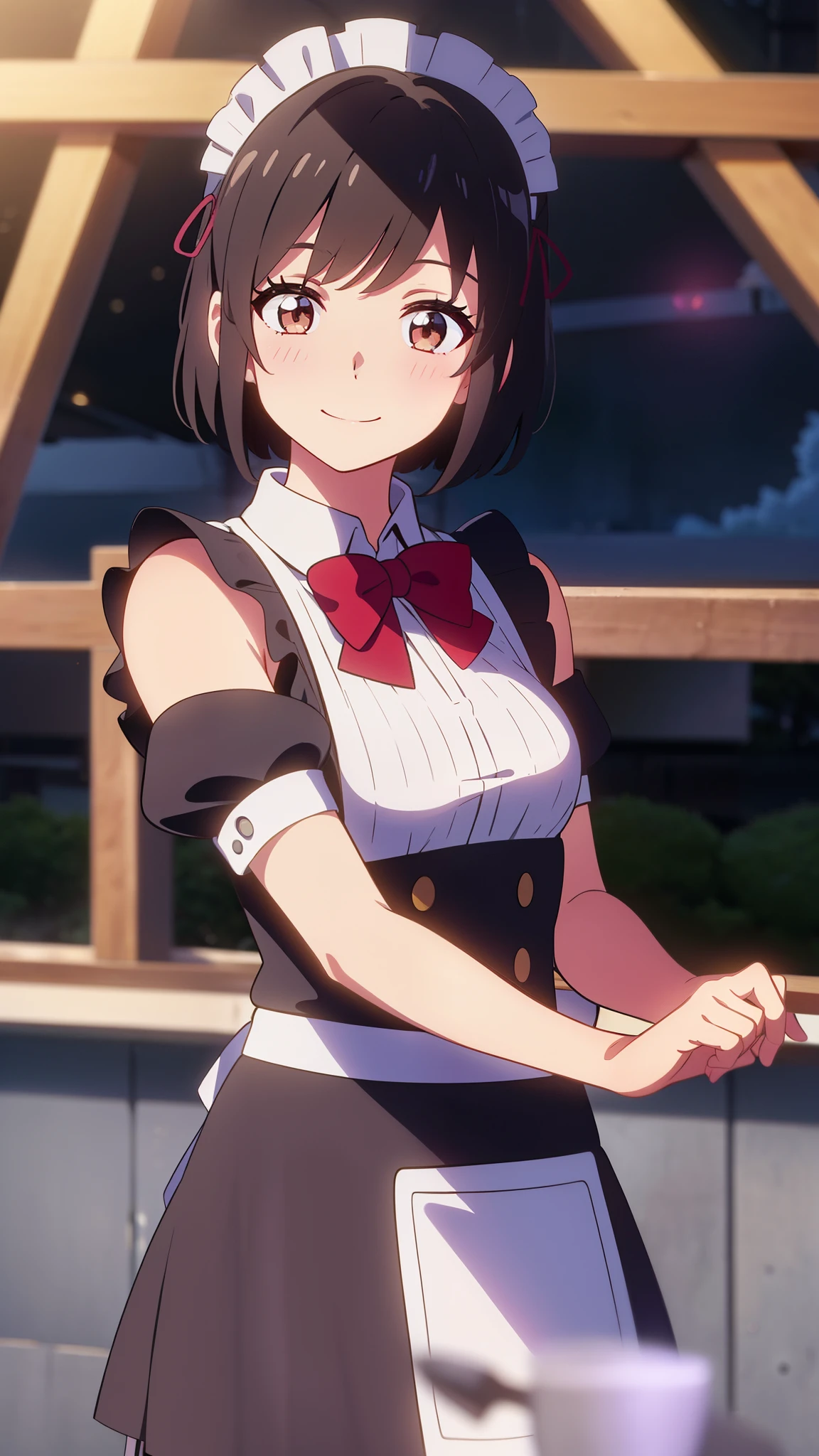 shinkai makoto, kimi no na wa., 1girl, bangs, black hair, short hair, blush, brown eyes, looking at the viewer, ((girl wear maid dress, Off-the-shoulders, short dress, short skirt, maid headdress)), red bow, red ribbon, smile, cute, happy, fun, joyful, school, outdoors, night, night sky, cloudy, dynamic lights, upper body