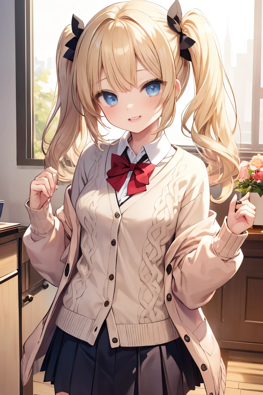 blonde blue eyes、 girl、small breasts、twin tails、laughter、Nico Nico Smile、wearing a knit cardigan、wink、 girl、Looks about 15 years old、Petan Musume、short、 girl、uniform