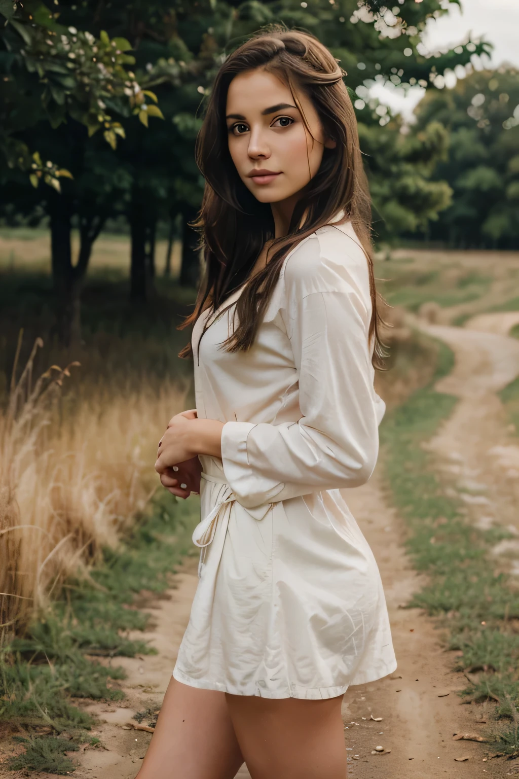 Sensual girl, dressed, in the countryside,american girl,20 years old,brunette,brown eyes