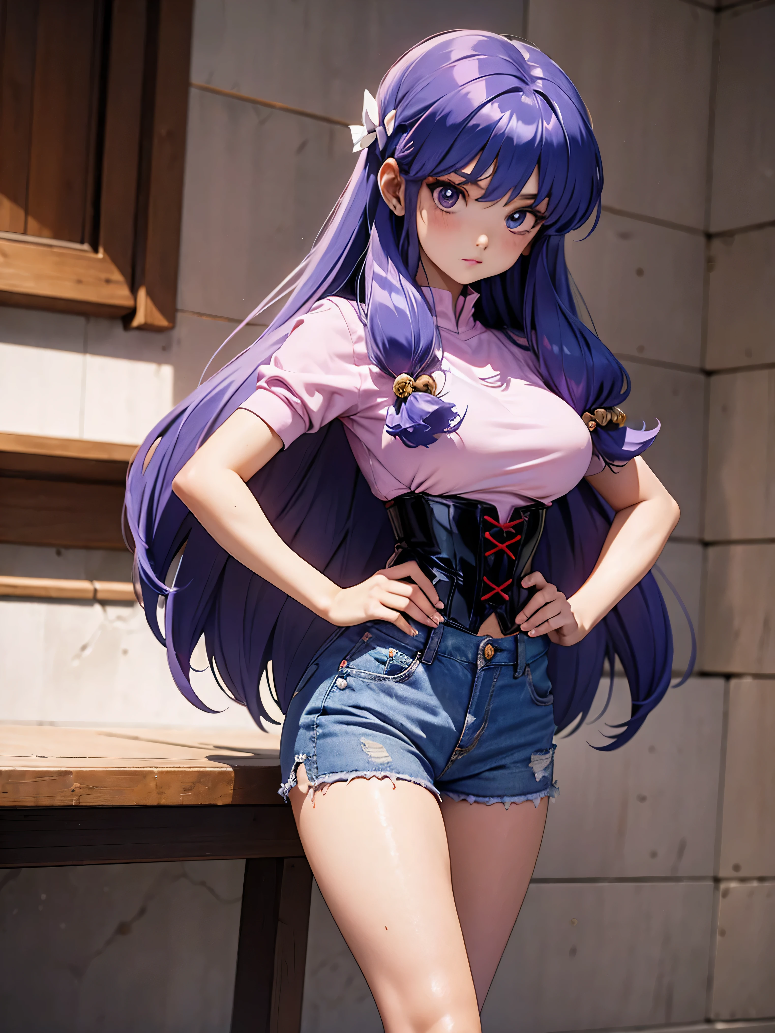 Anime cabelo purple com short jeans e corset rosa pink, 16 anos, corpo bonito, seios grandes, with hands on hips and in hair, hand on ass and hair, Garota sexy, purple cabelo, mechas de cabelo laterais, mechas de cabelo na lateral do rosto, beautiful lighting, sombras suaves, olhos azuis, pernas bonitas, cabelo longo purple, estilo anime, personagem Shampoo Chan, Autora Rumiko Takahashi, Baseado em obra de Rumiko Takahashi, Anime Ranma 1/ 2, decote sexy, quadril robusto, corpo inteiro, corpo inteiro, busto grande, garota jovem com corpo belo e bonito, sandals on his feet, garota 16 anos jovem, usando short jeans e corset pink rosa brilhante, garota anime, estilo anime, beautiful feet in sandals, 45° viewing angle, ao ar livre, peito grande, seios bonitos, cabelo purple, sandals on the feet, pernas bonitas, sexy