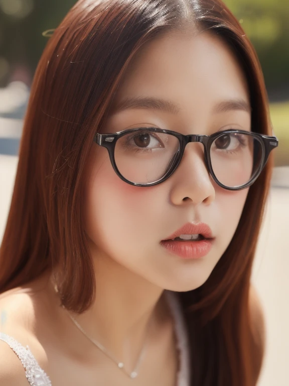 (realistic、masterpiece、Best Quality、8K、highres、high resolution:1.3)、1 glasses girl、Huge breasts、white bikini、looking at viewers、super fine face and eyes、long hair、 upper body、