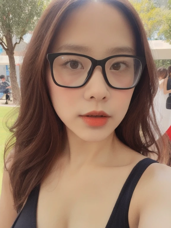 (realistic、masterpiece、Best Quality、8K、highres、high resolution:1.3)、1 glasses girl、Huge breasts、white bikini、looking at viewers、super fine face and eyes、long hair、 upper body、