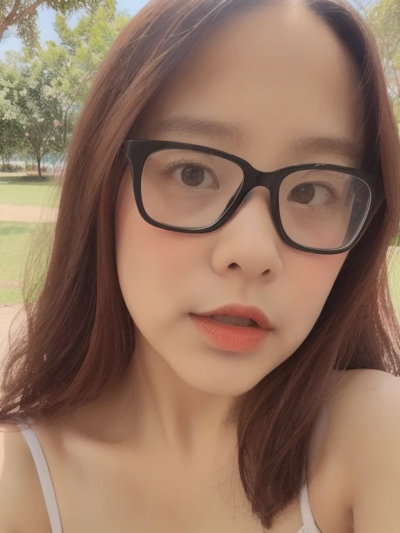 (realistic、masterpiece、Best Quality、8K、highres、high resolution:1.3)、1 glasses girl、Huge breasts、white bikini、looking at viewers、super fine face and eyes、long hair、 upper body、