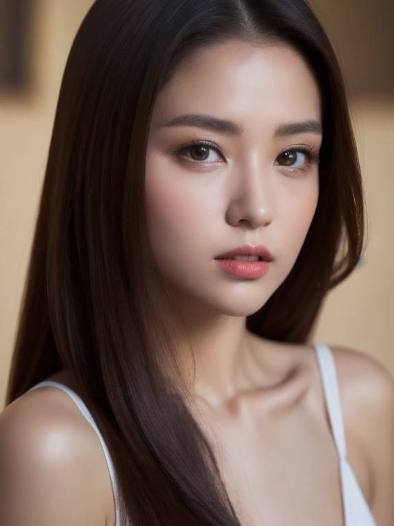(realistic、masterpiece、Best Quality、8K、highres、high resolution:1.3)、1 glasses girl、Huge breasts、white bikini、looking at viewers、super fine face and eyes、long hair、 upper body、