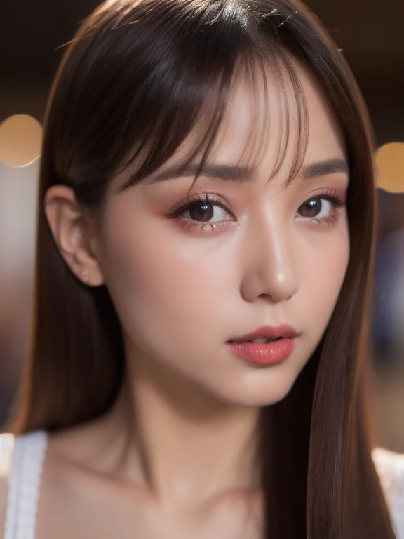 (realistic、masterpiece、Best Quality、8K、highres、high resolution:1.3)、1 glasses girl、Huge 、white bikini、looking at viewers、super fine face and eyes、long hair、 upper body、