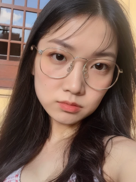 (realistic、masterpiece、Best Quality、8K、highres、high resolution:1.3)、1 glasses girl、Huge breasts、white bikini、looking at viewers、super fine face and eyes、long hair、 upper body、