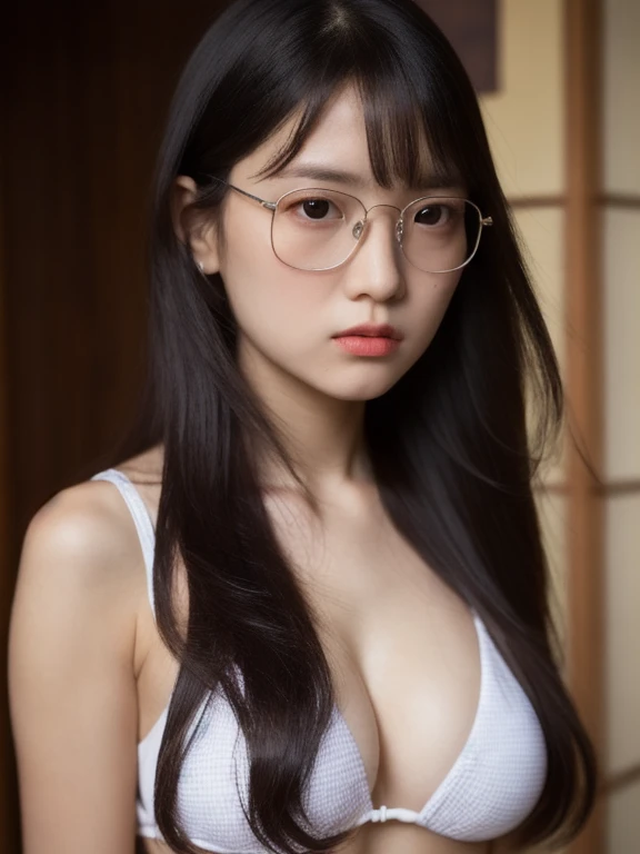 (realistic、masterpiece、Best Quality、8K、highres、high resolution:1.3)、1 glasses girl、Huge breasts、white bikini、looking at viewers、super fine face and eyes、long hair、 upper body、