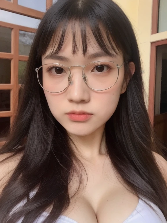 (realistic, high resolution:1.3), 1 girl with perfect figure, glasses, smile, ((pale white skin:1.3)) ,(gigantic breasts:1.3), looking at viewers, super fine face and eyes, long hair, white transparent lace veil: 1.2 , in bedroom, sit on the bed, , exposed cleavage, upper body, half body