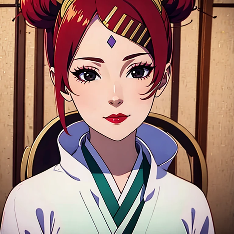 red hair, 2 red buns, highly detailed face, tied hair, lipstick, black eyes, white kimono, hair clips, (masterpiece, best quality: 1.2), 1 girl, solo, Lovely anime girl, very detailed face, beautiful girl, perfect girl, cute girl,