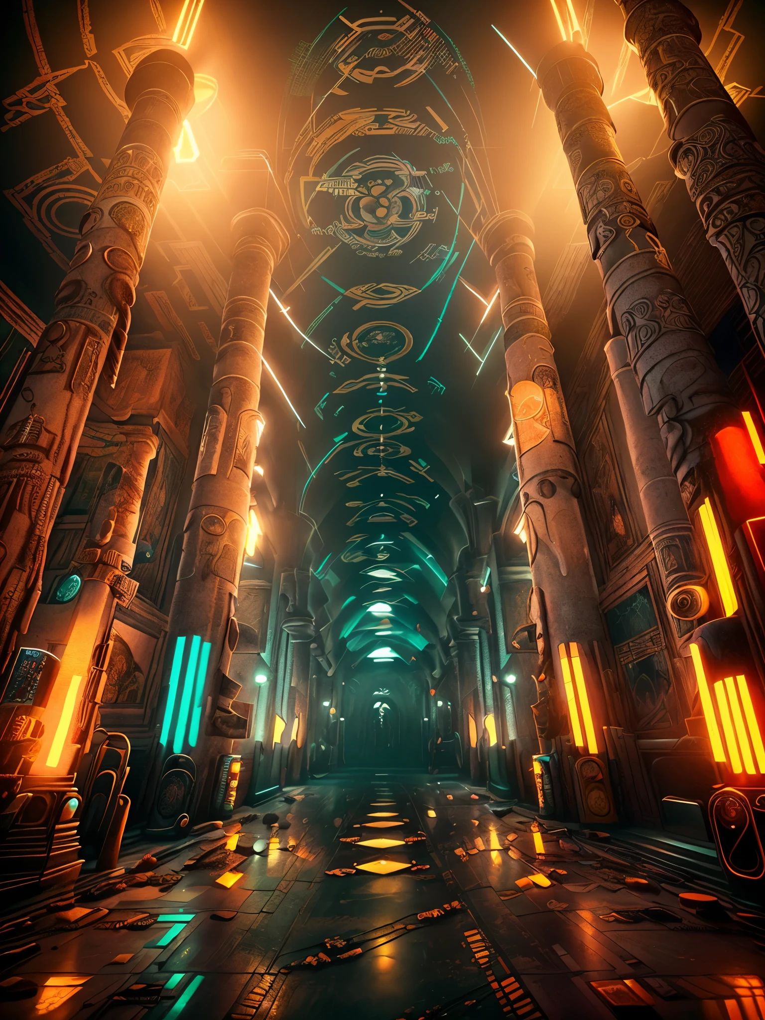 Corridor with paintings of men and women , null, no human, scenery, architecture, pillar, picture, Stained glass, church, arch , building, city, ((no_human, scenery , Beeple, cyberpunk style, cyberpunk art, retro future , occult , difficult to understand )), ((The depiction has depth from the bottom to the back.)). taj mahal style