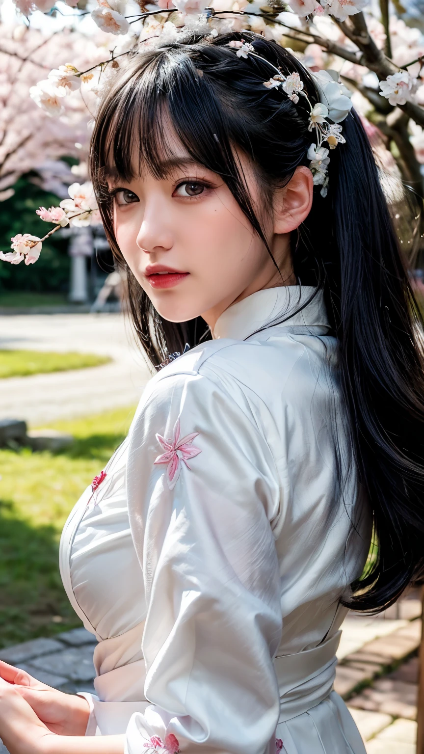 (logo、masterpiece、8k、table top、RAW photo、wonderful、最high quality、Photorealistic and hvery detailed CG integrated 8k wallpaper、high quality、very detailed、Narrative poem、particle effects、dynamic effects、written boundary depth、cinematic light、Lens flare、ray tracing)、fantasy、 (1 beautiful woman、white kimono、Japan Dress、white cherry blossom pattern、White cherry blossom embroidery pattern、black haired、beautiful face、real face、beautiful details eyes beautiful skin)、Hair flutters in Wind、hair bounces、pink cherry tree、petals dance、SakuraFubuki、wonderful景色、sunrise、sun on background、Wind、god々、teeth、god話、vast land