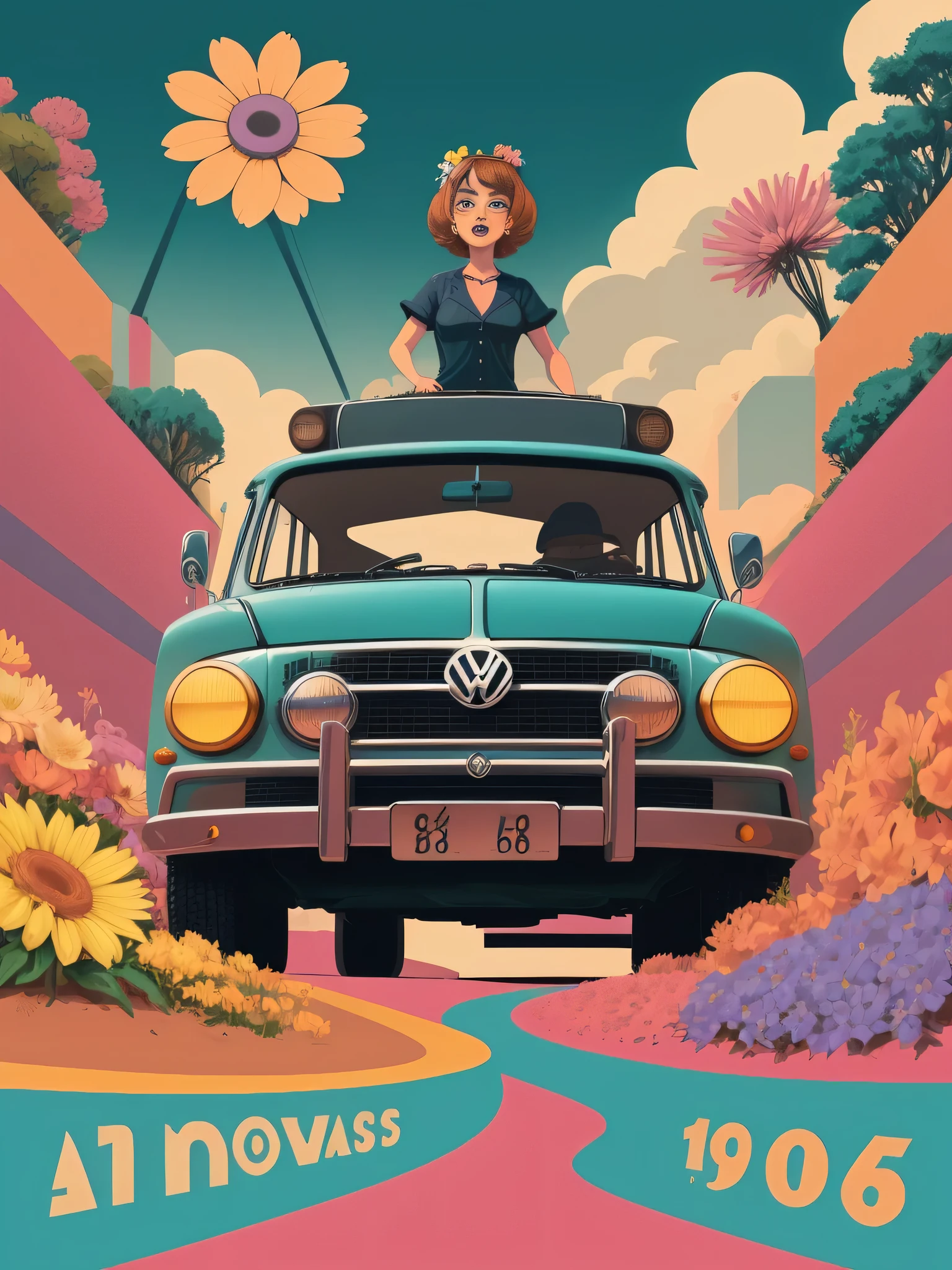 "Create a 1960s poster in a vibrant and humorous cartoon style showing a Volkswagen Kleinbus adorned with flower icons and hippie elements. Isometric view. Enfatize contornos ousados e use cores vivas para um efeito atraente."