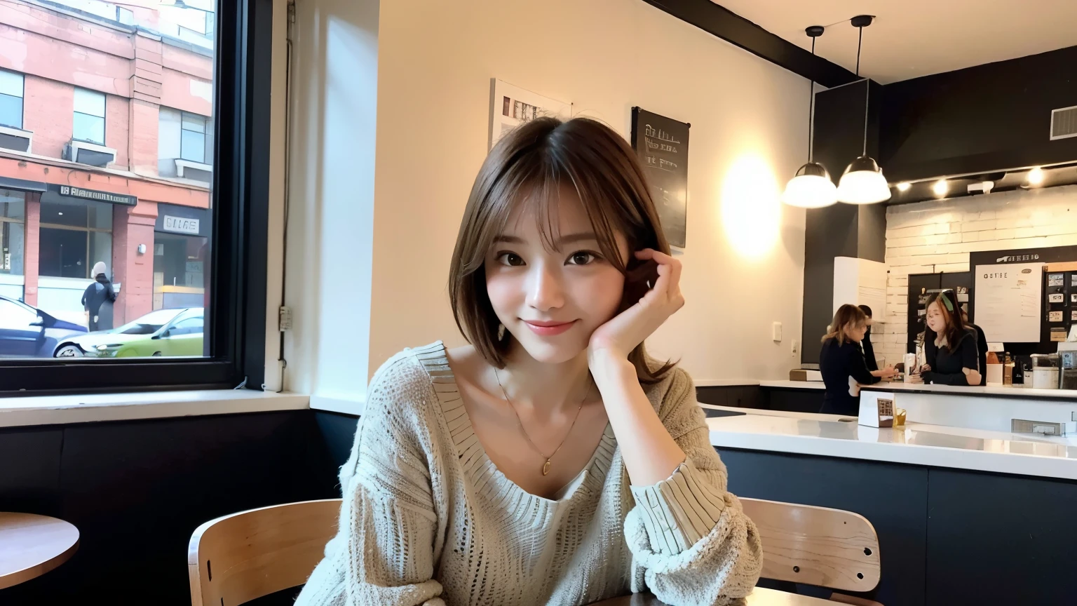 (最high quality、8k、32K、masterpiece:1.2)、A photo of a female college student who looks like a cute model、normal breasts、short bob hair、Upper body、face focus、extra large_sweater、necklace、look at the audience、background a trendy coffee shop with a unique aesthetic and atmosphere. Incorporate elements like modern furniture, artistic decoration, and ambient lighting to enhance the ambiance. People who enjoy drinks々Consider including, engaging in conversation, or quietly working on laptops. Let your creativity flow、In this chic café setting「stable diffusion」Let the idea come to life, I see other customers enjoying themselves.。At the back of the cafe、Staff are busy working at the counter.、You can feel the vibrancy and warmth of a city cafe.., sharp focus, 1 girl, sexy 1.2, brown hair, With bangs, fine eyes, Beautiful eyes with slit length, double eyelid, (cat face), (cute Face), cute Smile, (close your mouth), (cute), soft skin, surreal, Super detailed, high quality, (Beautiful female college student with short hair studying in a cafe), ((詳細な非常にcute女子大生),
