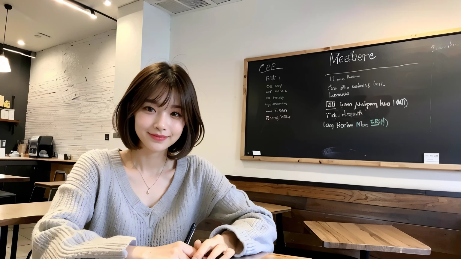 (最high quality、8k、32K、masterpiece:1.2)、A photo of a female college student who looks like a cute model、normal breasts、short bob hair、Upper body、face focus、extra large_sweater、necklace、look at the audience、background a trendy coffee shop with a unique aesthetic and atmosphere. Incorporate elements like modern furniture, artistic decoration, and ambient lighting to enhance the ambiance. People who enjoy drinks々Consider including, engaging in conversation, or quietly working on laptops. Let your creativity flow、In this chic café setting「stable diffusion」Let the idea come to life, I see other customers enjoying themselves.。At the back of the cafe、Staff are busy working at the counter.、You can feel the vibrancy and warmth of a city cafe.., sharp focus, 1 girl, sexy 1.2, brown hair, With bangs, fine eyes, Beautiful eyes with slit length, double eyelid, (cat face), (cute Face), cute Smile, (close your mouth), (cute), soft skin, surreal, Super detailed, high quality, (Beautiful female college student with short hair studying in a cafe), ((詳細な非常にcute女子大生), 