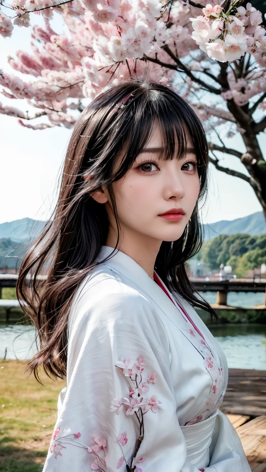(logo、masterpiece、8k、table top、RAW photo、wonderful、最high quality、Photorealistic and hvery detailed CG integrated 8k wallpaper、high quality、very detailed、Narrative poem、particle effects、dynamic effects、written boundary depth、cinematic light、Lens flare、ray tracing)、fantasy、 (1 beautiful woman、white kimono、Japan Dress、white cherry blossom pattern、White cherry blossom embroidery pattern、black haired、beautiful face、real face、beautiful details eyes beautiful skin)、Hair flutters in Wind、hair bounces、pink cherry tree、petals dance、SakuraFubuki、wonderful景色、sunrise、sun on background、Wind、god々、teeth、god話、vast land
