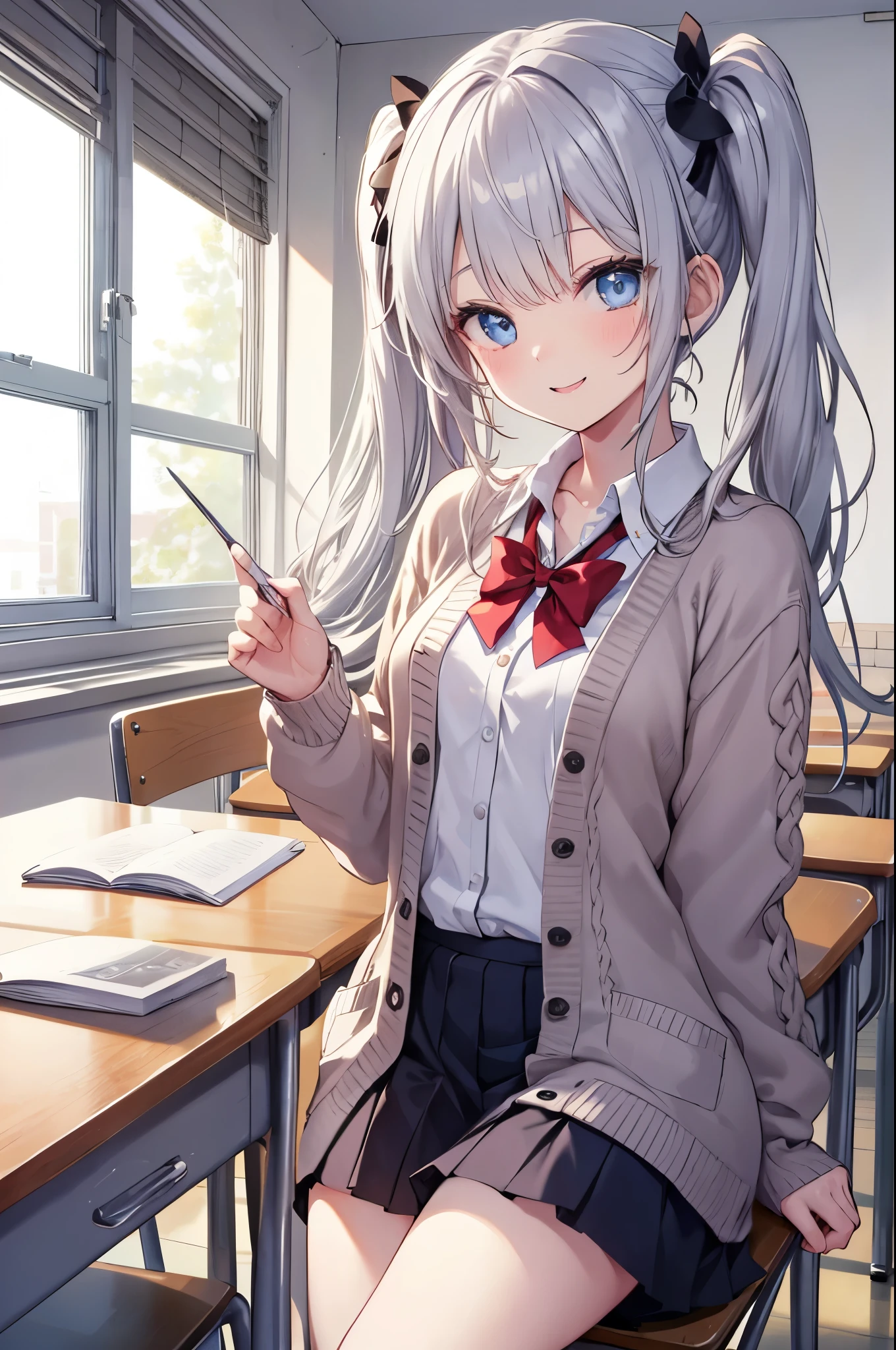 Silver-haired blue eyes、 girl、small breasts、twin tails、laughter、Nico Nico Smile、wearing a knit cardigan、girl、Looks about 15 years old、Petan Musume、are in the classroom、uniform、 girl