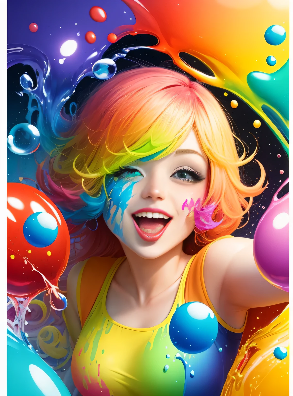 Create a vibrant and humorous cartoon-style wallpaper poster with colorful paint splatters and bubbles, Use cores brilhantes