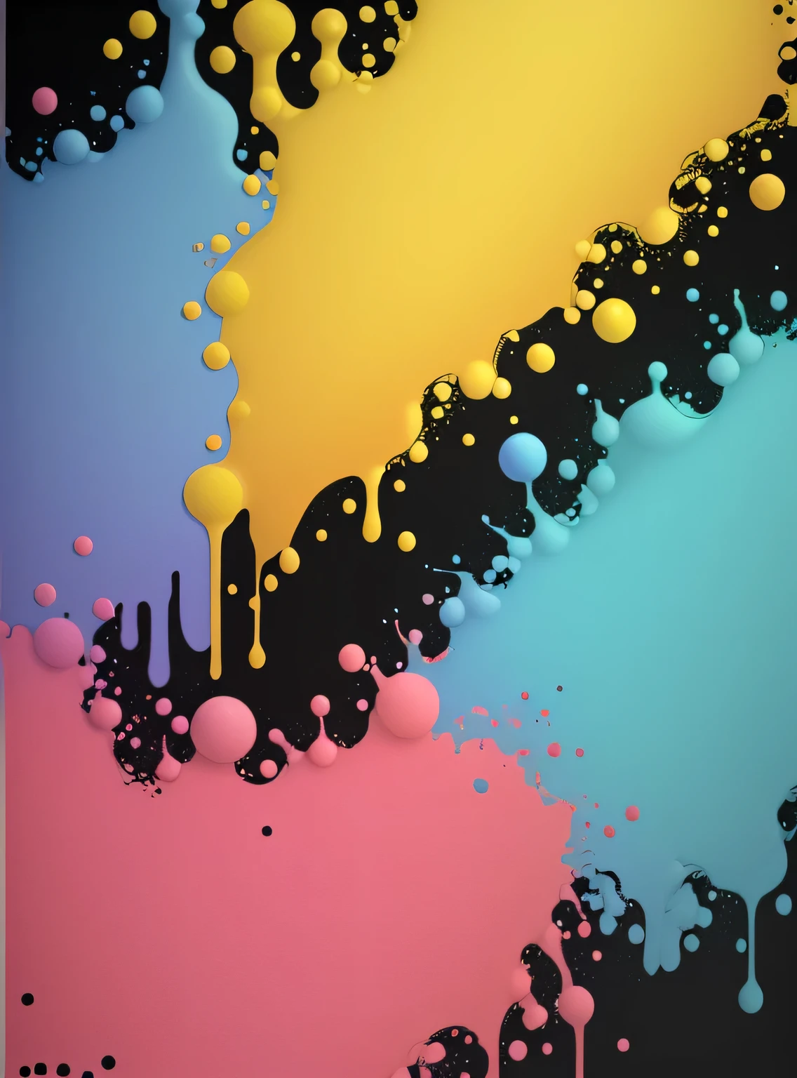 Create a vibrant and humorous cartoon-style wallpaper poster with colorful paint splashes and colorful bubbles on a white background, Use cores brilhantes