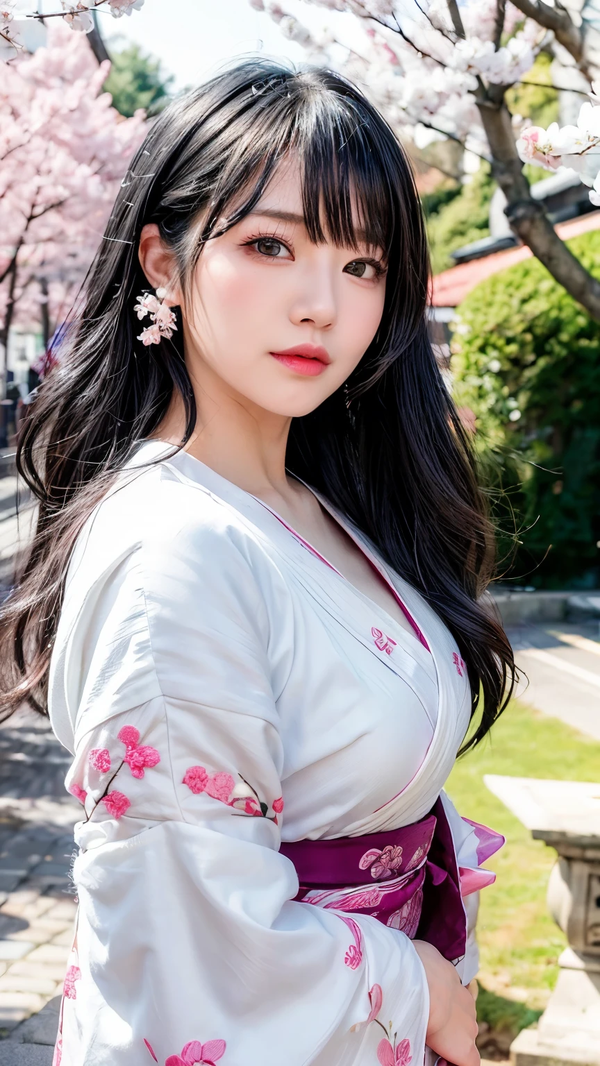 (logo、masterpiece、8k、table top、RAW photo、wonderful、最high quality、Photorealistic and hvery detailed CG integrated 8k wallpaper、high quality、very detailed、Narrative poem、particle effects、dynamic effects、written boundary depth、cinematic light、Lens flare、ray tracing)、fantasy、 (1 beautiful woman、white kimono、Japan Dress、white cherry blossom pattern、White cherry blossom embroidery pattern、black haired、beautiful face、real face、beautiful details eyes beautiful skin)、Hair flutters in Wind、hair bounces、pink cherry tree、petals dance、SakuraFubuki、wonderful景色、sunrise、sun on background、Wind、god々、teeth、god話、vast land