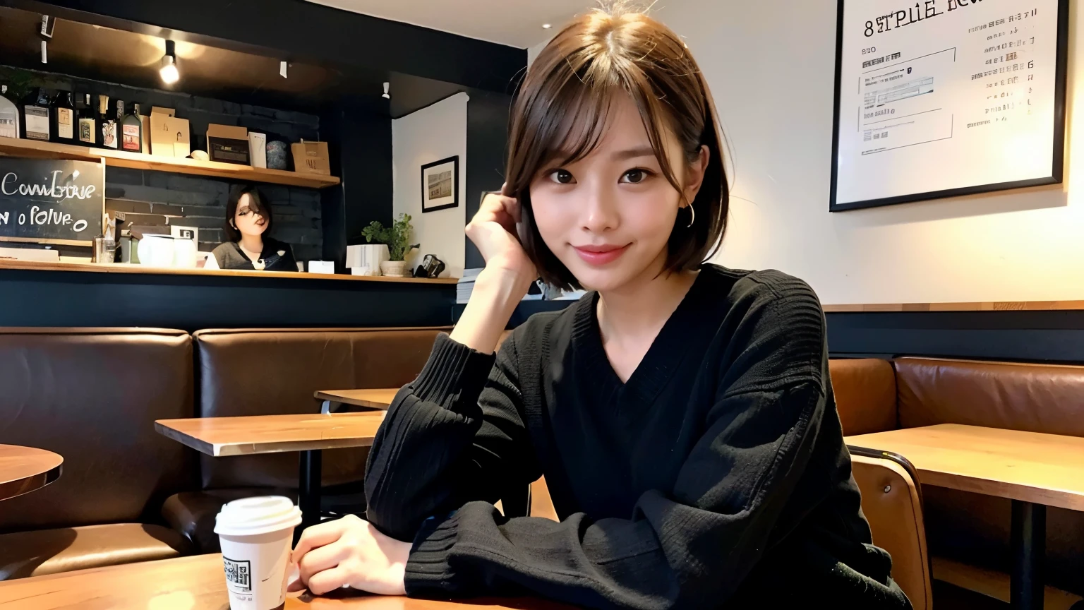 (最high quality、8k、32K、masterpiece:1.2)、A photo of a female college student who looks like a cute model、normal breasts、short bob hair、Upper body、face focus、extra large_sweater、necklace、look at the audience、background a trendy coffee shop with a unique aesthetic and atmosphere. Incorporate elements like modern furniture, artistic decoration, and ambient lighting to enhance the ambiance. People who enjoy drinks々Consider including, engaging in conversation, or quietly working on laptops. Let your creativity flow、In this chic café setting「stable diffusion」Let the idea come to life, I see other customers enjoying themselves.。At the back of the cafe、Staff are busy working at the counter.、You can feel the vibrancy and warmth of a city cafe.., sharp focus, 1 girl, sexy 1.2, brown hair, With bangs, fine eyes, Beautiful eyes with slit length, double eyelid, (cat face), (cute Face), cute Smile, (close your mouth), (cute), soft skin, surreal, Super detailed, high quality, (Beautiful female college student with short hair studying in a cafe), ((詳細な非常にcute女子大生),