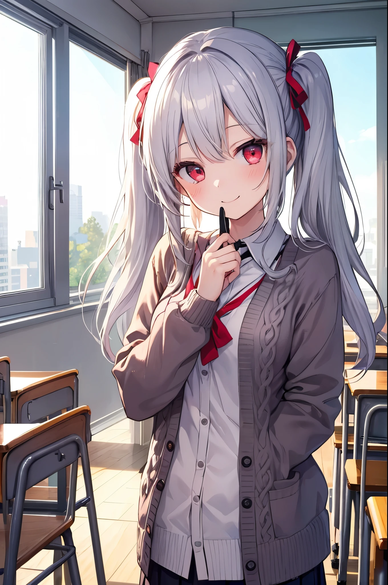 silver hair red eyes、 girl、small breasts、twin tails、laughter、Nico Nico Smile、wearing a knit cardigan、girl、Looks about 、Petan Musume、are in the classroom、uniform、 girl