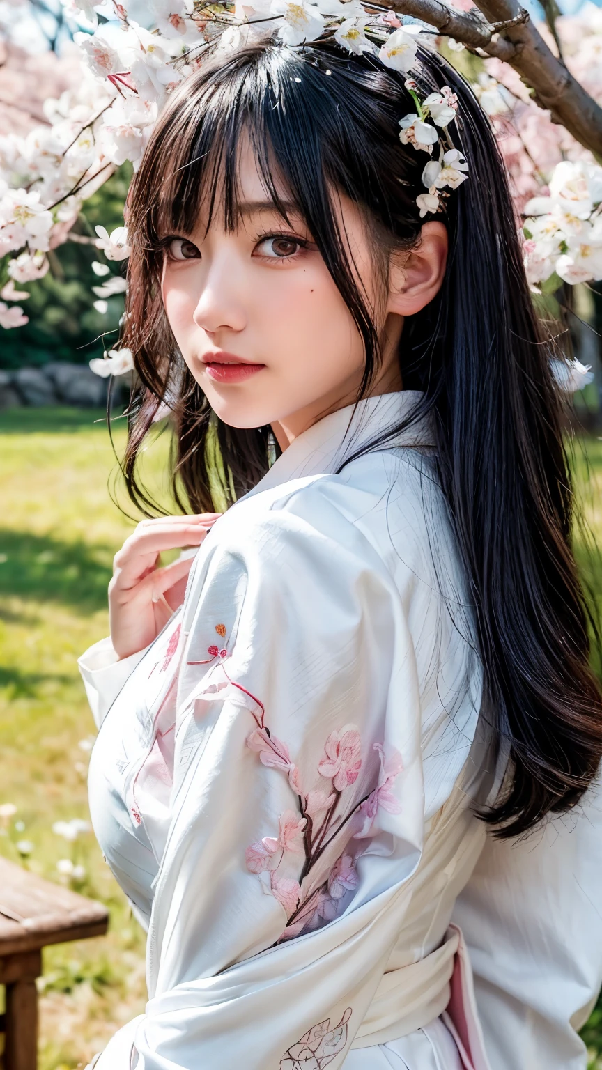 (logo、masterpiece、8k、table top、RAW photo、wonderful、最high quality、Photorealistic and hvery detailed CG integrated 8k wallpaper、high quality、very detailed、Narrative poem、particle effects、dynamic effects、written boundary depth、cinematic light、Lens flare、ray tracing)、fantasy、 (1 beautiful woman、white kimono、Japan Dress、white cherry blossom pattern、White cherry blossom embroidery pattern、black haired、beautiful face、real face、beautiful details eyes beautiful skin)、Hair flutters in Wind、hair bounces、pink cherry tree、petals dance、SakuraFubuki、wonderful景色、sunrise、sun on background、Wind、god々、teeth、god話、vast land