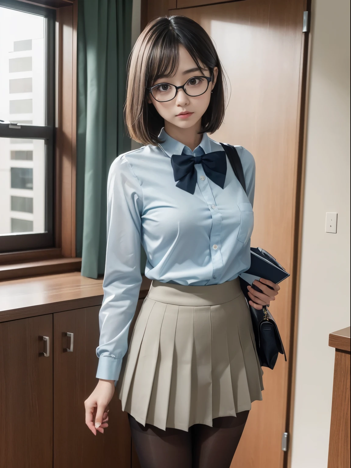 (8k、RAW photography、highest quality、masterpiece:1.2),(bob cut),Cheeky,School,looking at the viewer,Looking at the front,Muchimuchi,erotic,student,Light green Bra,Bra showing through shirt,white skin,knees,,(((black pantyhose)),((black pantyhose)))(((black pantyhose)),((black pantyhose))),absurd,small face,,flat chest,前hairを真ん中から分けます、I can see the forehead,(cold look,きついeye,glare,strong,skinny,skinny,get annoyed)、masterpiece,highest quality、超A high resolution,RAW photo,Len,beautiful feces,one person, solo,glasses,,dark look,small breasts,whole body,丸glasses、cute,JK uniform,high school girl,japanese woman,standing,(Photoreal:1.37)、photon mapping,realistic、beautiful woman,cutesmall face,茶色のeye、black socks、(red bow tie)、radio city、物理ベースのLenダリング、Depth of the bounds written、blurred background、picture,body,teenage girl,beautiful feet, long legs, thin legs,(前hairが見える), hair, lips, green_eye, nose soft,(light blue shirt), (Navy, blue and white plaid pleated skirt), kneesが見える,thin clothing,, thigh, black cotton socks,Nogizaka Idol, actress, Japanese ID information