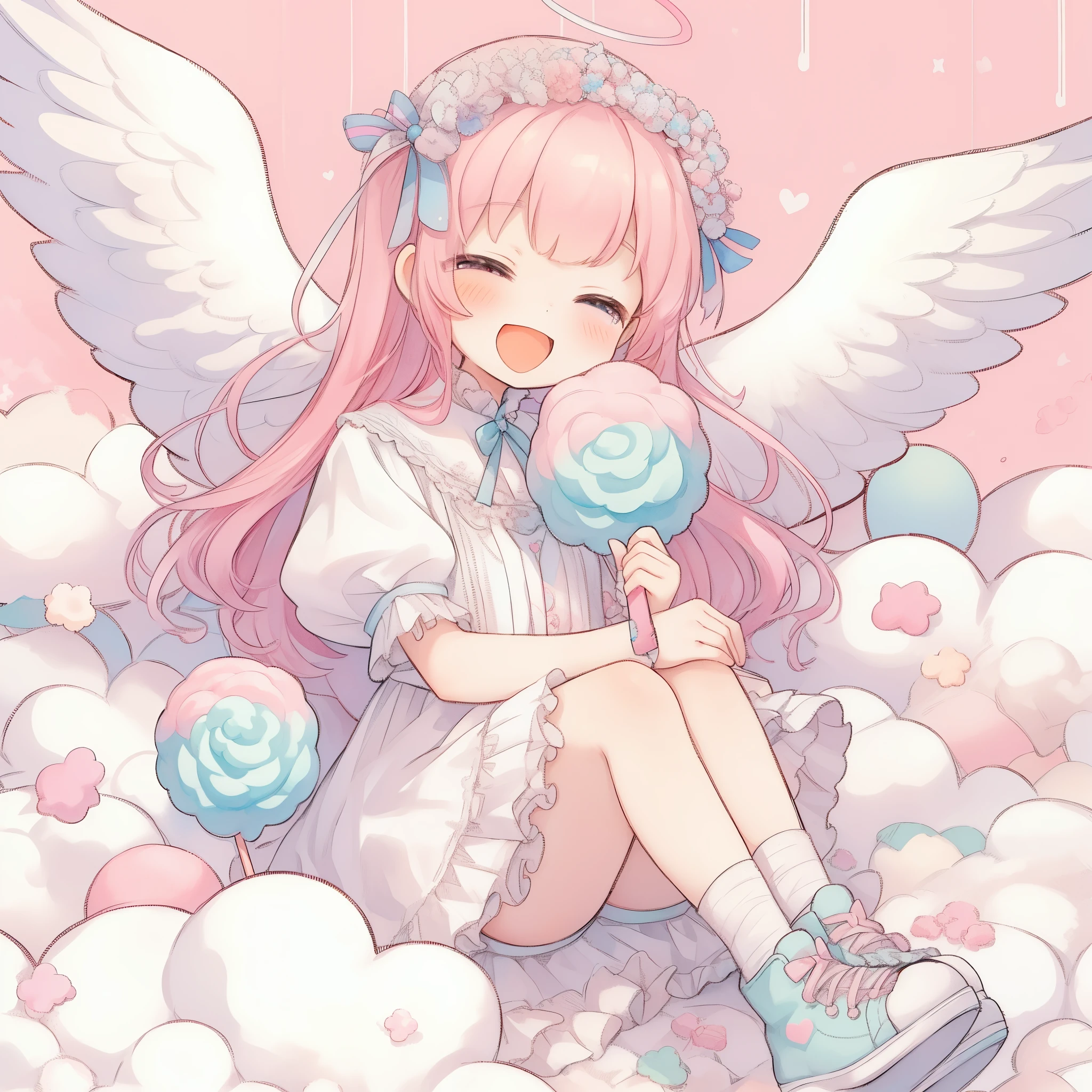 Anime girl with angel wings sitting on a cloud holding a lollipop, angel girl, fluffy pink anime clouds, Pastel Watercolor、smile、angel girl eating cotton candy sitting on the fluffy clouds, with white wings, smile, happy, pastel color style, cutecore, anime deformation style cute illustration,soft anime illustration, of an beautiful angel girl, cute girl anime visual, cute art style, made of Cotton candy, cute cute girl, girl cloud, Cotton candy, anime aesthetics, angel themed, cute aesthetics, fairy core, dreamy psychedelic anime, cute anime girl