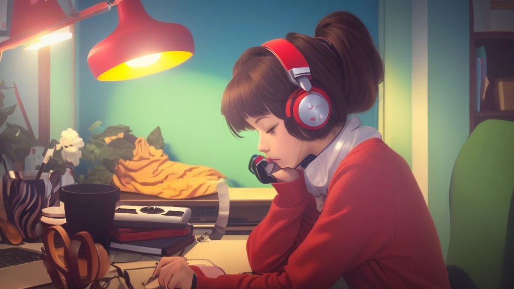 Anime girl sitting at a desk with a laptop and wearing headphones, praise girl, praise artstyle, praise art, style of satoshi kon, satoshi kon artstyle, praise feel, praise, praise colors, praise girl aesthetic, praise vibe, praise hip hop, ghibli anime style, Ghibli atmosphere, praise aesthetic