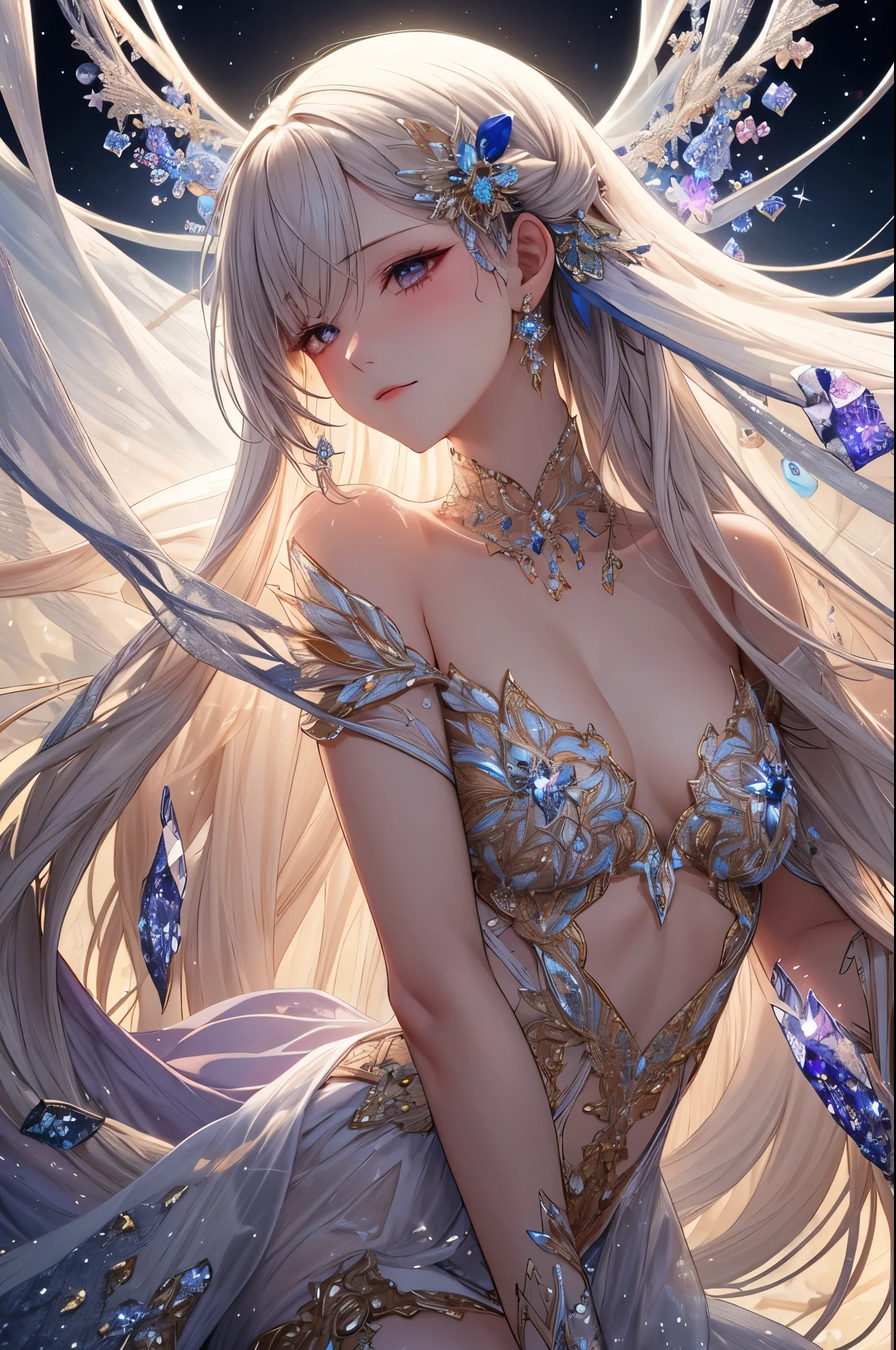 highest quality,amazing,very detailed,figure,cover,mysterious person,covered with translucent fabric,Crystals decorating hair,dreamy swirl,pastel colour,soft light,Evoking serene tranquility and elusive beauty,non-representative,Color and shape,expression of emotions,imaginative,very detaileded,