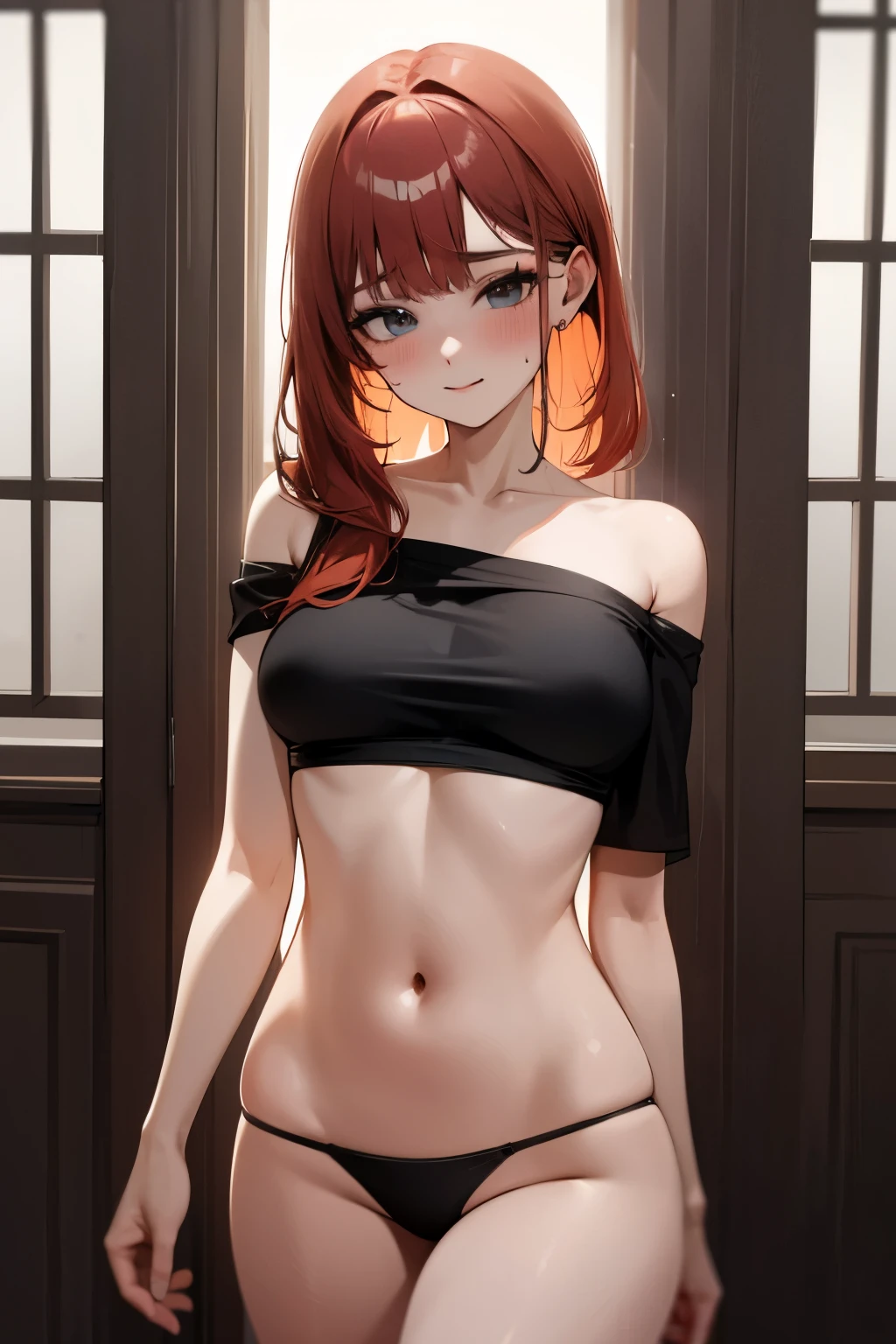 (high resolution: 1.5), (ultra quality: 1.3), (Highly detailed: 1.3), alone, only one person, Beautiful 20 years old, masterpiece, Beautiful and delicate face, Delicate hands, extra detailed body, 20 years old, woman , orange/red hair color, light freckles, B cup breast size, slim body, perky ass, shoulder-length hair, black off-the-shoulder crop top with bare midriff, no pants, fancy pink thong, college room background