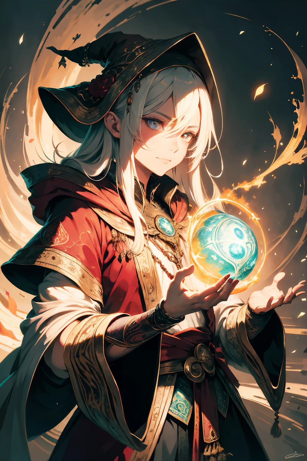 Illustrate a mage in a commanding pose, exuding an air of authority and wisdom. Draped in a richly detailed costume, the mage's robes are a vibrant tapestry of red, green, and gold hues. The intricate patterns and textures are brought to life with meticulous brushstrokes, capturing every subtle detail with lifelike precision.
The mage's face is masterfully rendered, with deep wrinkles around the eyes and a confident expression that speaks of countless hours spent in study and contemplation. A wise and knowing gaze emanates from beneath a hood adorned with intricate embroidery, while a flowing beard