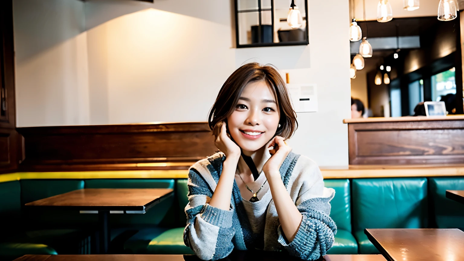 (最high quality、8k、32K、masterpiece:1.2)、A photo of a female college student who looks like a cute model、normal breasts、short bob hair、Upper body、face focus、extra large_sweater、necklace、look at the audience、background a trendy coffee shop with a unique aesthetic and atmosphere. Incorporate elements like modern furniture, artistic decoration, and ambient lighting to enhance the ambiance. People who enjoy drinks々Consider including, engaging in conversation, or quietly working on laptops. Let your creativity flow、In this chic café setting「stable diffusion」Let the idea come to life, I can see other customers enjoying themselves too..。At the back of the cafe、Staff are busy working at the counter.、Feel the vibrancy and warmth of a city cafe.., sharp focus, 1 girl, sexy 1.2, brown hair, With bangs, fine eyes, Beautiful eyes with long slits, double eyelid, (cat face), (cute Face), cute Smile, (close your mouth), (cute), soft skin, surreal, Super detailed, high quality, (Beautiful female college student with short hair studying in a cafe), ((詳細な非常にcute女子大生), 