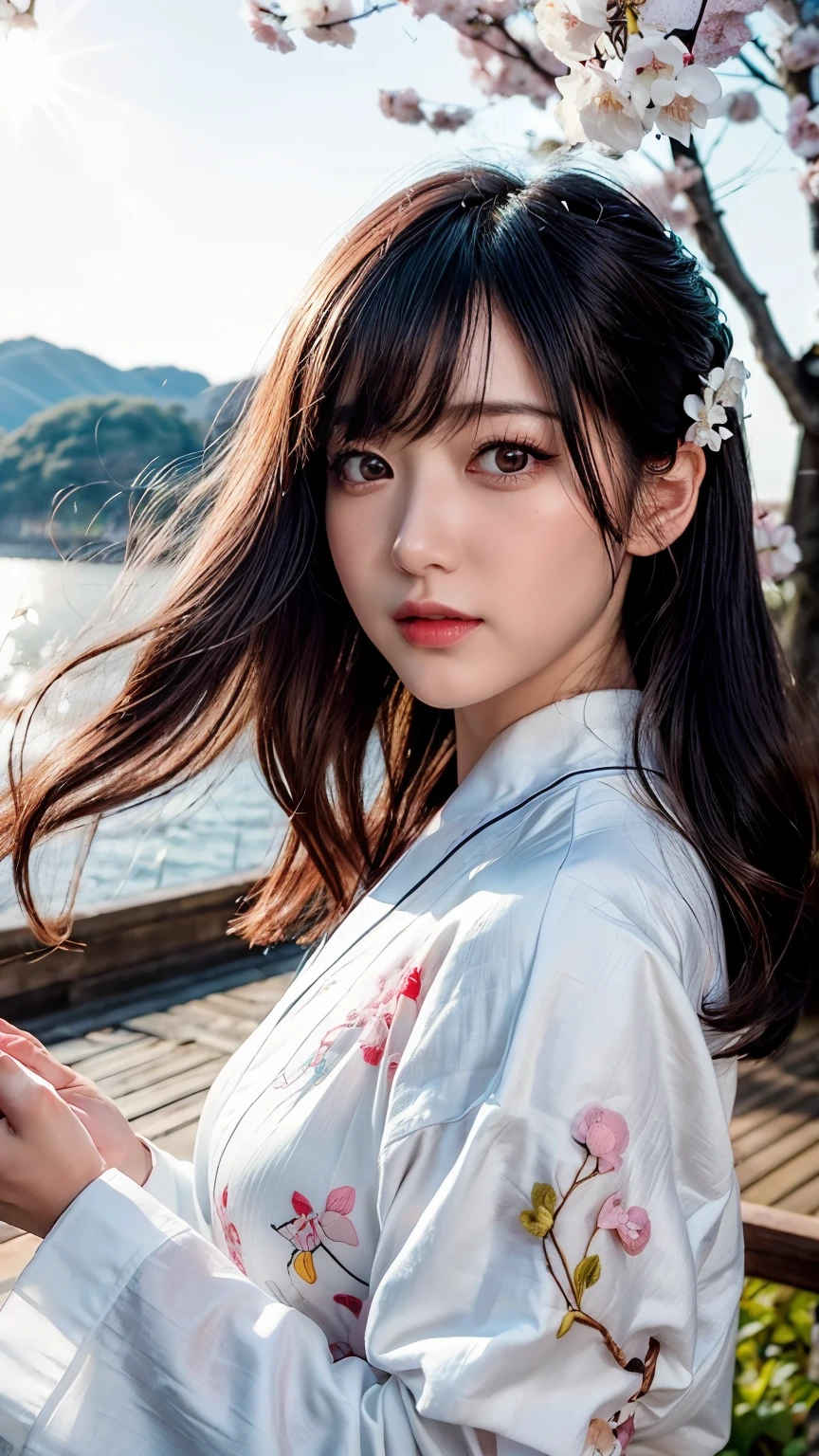 (logo、masterpiece、8k、Tabletop、RAW Photos、wonderful、最high quality、Photorealistic and Very detailed CG integrated 8k wallpaper、high quality、Very detailed、Narrative poem、Particle Effects、Dynamic Effects、Written boundary depth、Cinematic Light、Lens flare、Ray Tracing)、Fantasy、 (1 beautiful woman、dress、dress、Cherry blossom pattern、Black-haired、Beautiful Face、True Face、Beautiful details、eye、Beautiful Skin)、私の髪はWindに舞う、Hair flutters in Wind、hair bounces、Pink cherry blossom tree、Petals fluttering、SakuraFubuki、wonderful scenery、sunrise、Sun in the background、Wind、