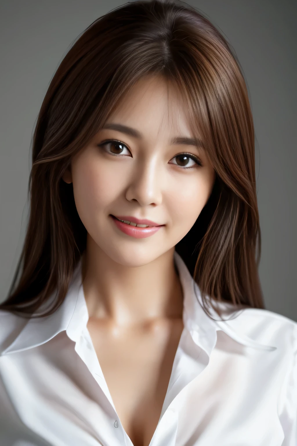 table top, highest quality, realistic, Super detailed, finely, High resolution, 8k wallpaper, 1 beautiful woman,, light brown messy hair, wearing a business suit, sharp focus, perfect dynamic composition, finelyて美しい目, thin hair, Detailed and realistic skin texture, smile, close-up portrait, model body shape