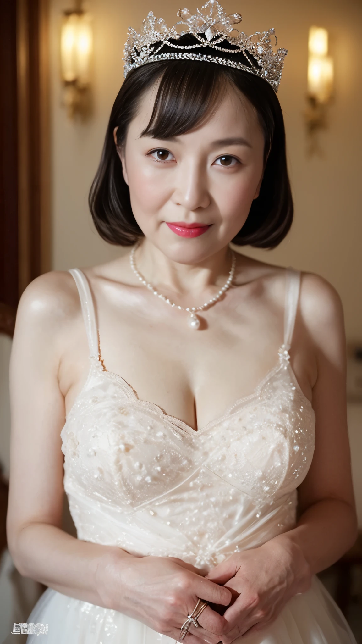 ((in focus)), (chandelier), gravure, describe the lips correctly, red lipstick, from the chest up, In underwear, senior citizen,mature woman, flashy face, highest quality, super high quality, realistic, super dense skin, perfect explanation, (1 Japanese mature woman), (erotic), 100 years old, big breasts, Bewitching, Glamour, sexy, pure white skin, looking at the viewer,
