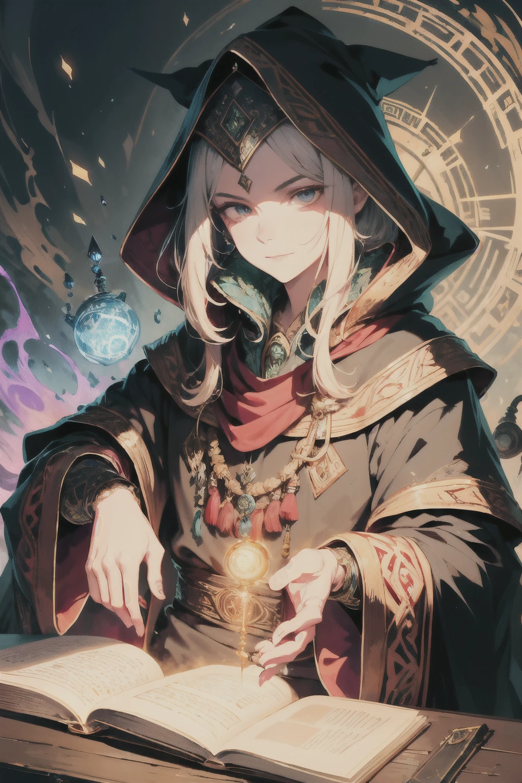 Illustrate a mage in a commanding pose, exuding an air of authority and wisdom. Draped in a richly detailed costume, the mage's robes are a vibrant tapestry of red, green, and gold hues. The intricate patterns and textures are brought to life with meticulous brushstrokes, capturing every subtle detail with lifelike precision.
The mage's face is masterfully rendered, with deep wrinkles around the eyes and a confident expression that speaks of countless hours spent in study and contemplation. A wise and knowing gaze emanates from beneath a hood adorned with intricate embroidery, while a flowing beard