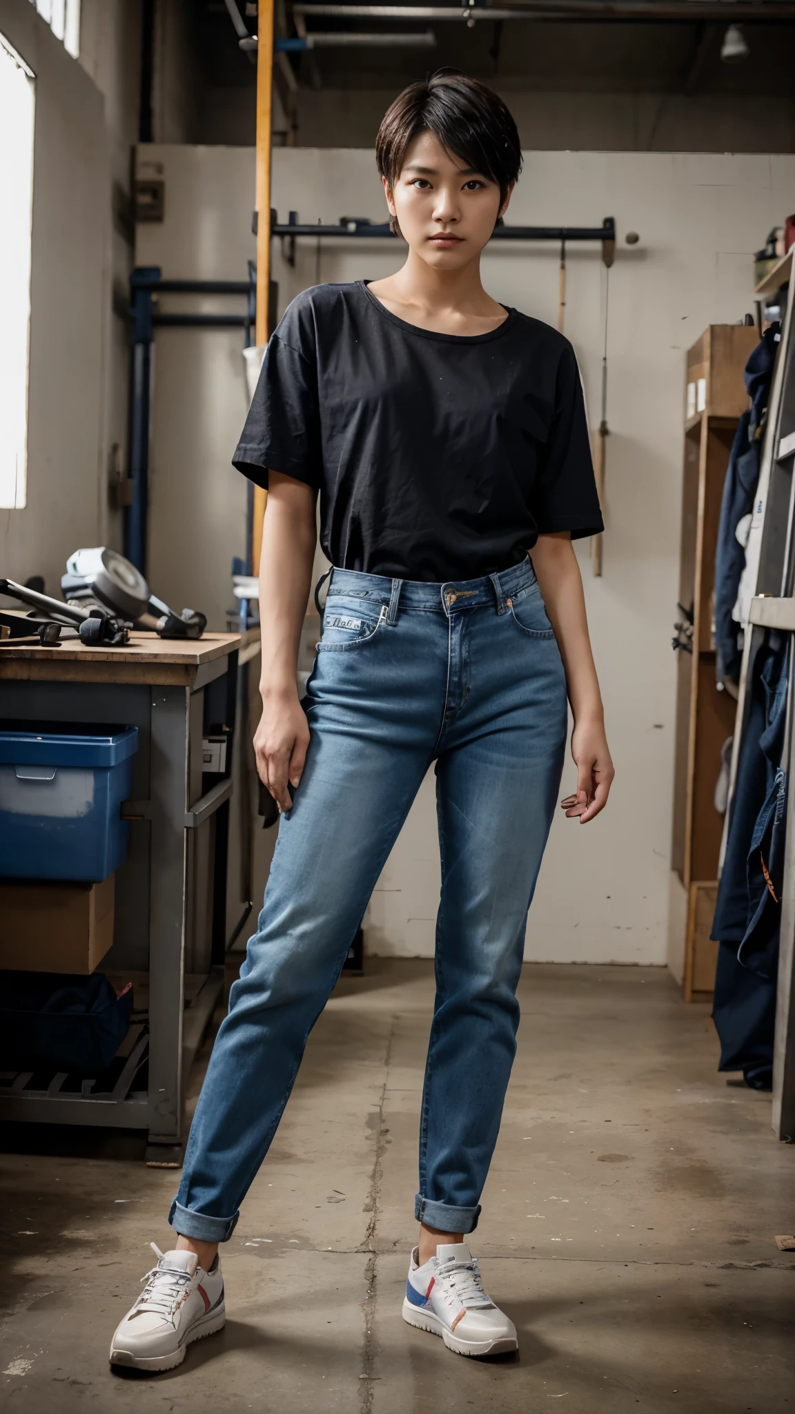 A short haired korean girl crossdressing as a man wearing man's mechanic shirt, long jeans, and shoes standing in a workshop with cool pose and fierce expression, body facing straight to the camera.