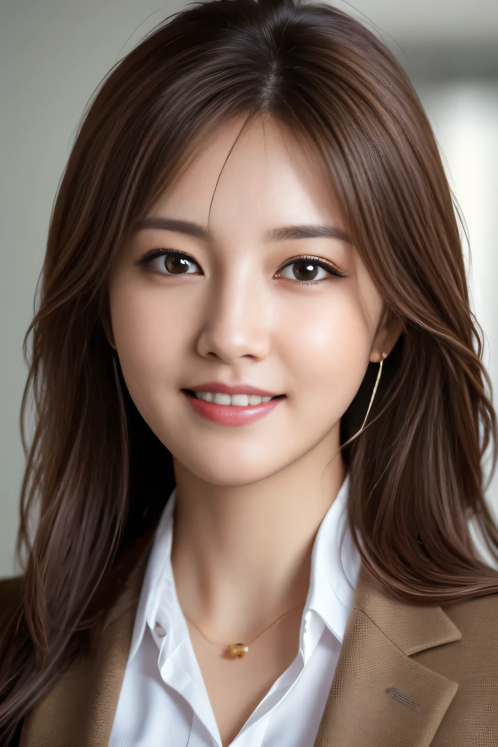 table top, highest quality, realistic, Super detailed, finely, High resolution, 8k wallpaper, 1 beautiful woman,, light brown messy hair, wearing a business suit, sharp focus, perfect dynamic composition, finelyて美しい目, thin hair, Detailed and realistic skin texture, smile, close-up portrait, model body shape