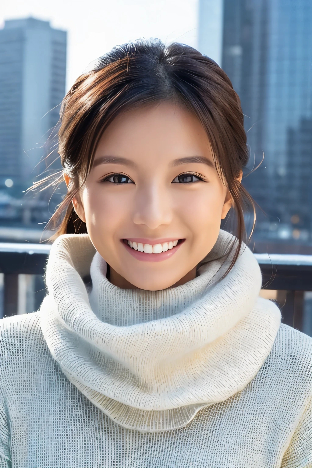 The face of the hostess、turtleneck wool sweater、hiquality、A hyper-realistic、healthy、Smiling expression、Slender perfect figure、Japan Beauty、 perfect eyes、Beautiful skin、The upper part of the body、Snowy city